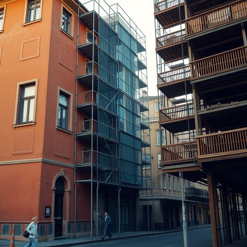 Fațadă ocru lângă schele de construcție într-un oraș românesc de provincie